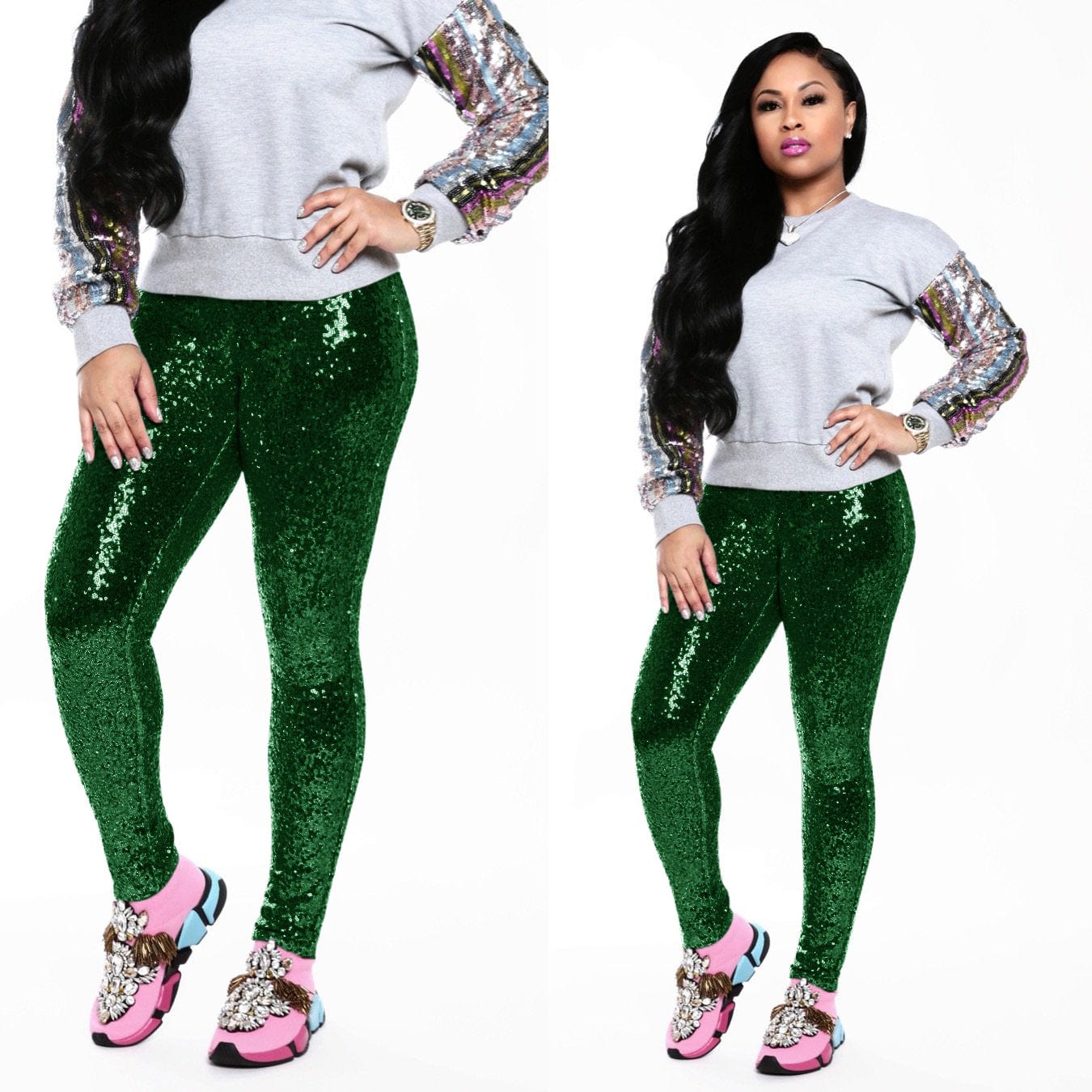 2 XL / Green Z69324 Fashion Casual High Waist Sequins pants Fall Women Stretch Shiny Trousers