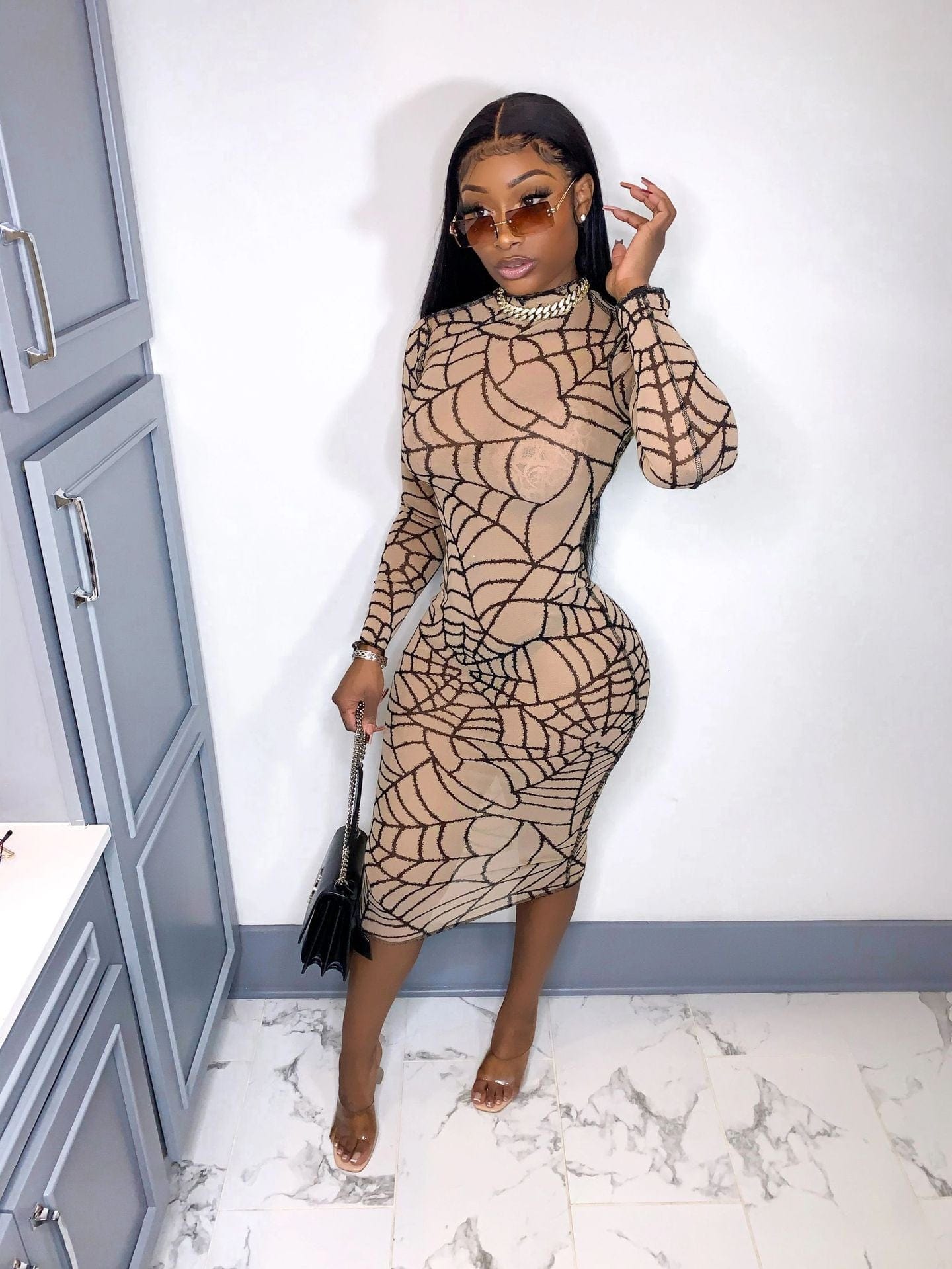 2 XL / Khaki LO6419 New arrival long sleeved spider web tight nightclub see through mesh print sexy dress