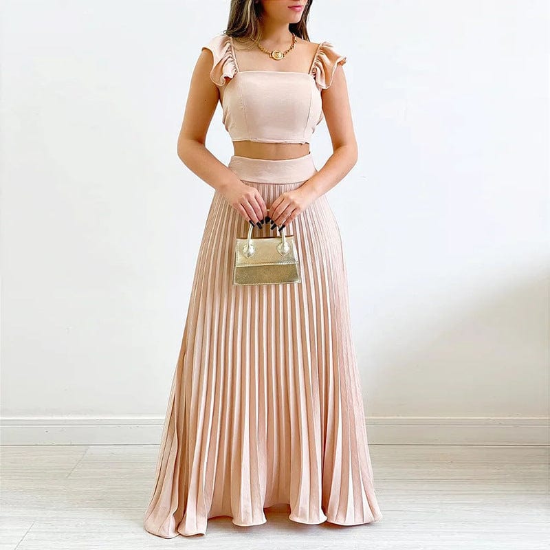 2 XL / Khaki New Trendy Summer Skirt And Top Set For Women Short Tank Top High Waist Maxi Pleated Skirt Set Women 2 Piece Outfits