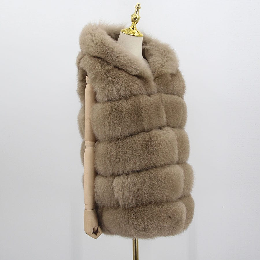 2 XL / Khaki QIUCHEN new women winter fur coat dyed vest with big hood genuine natural fur fox vest QC8062