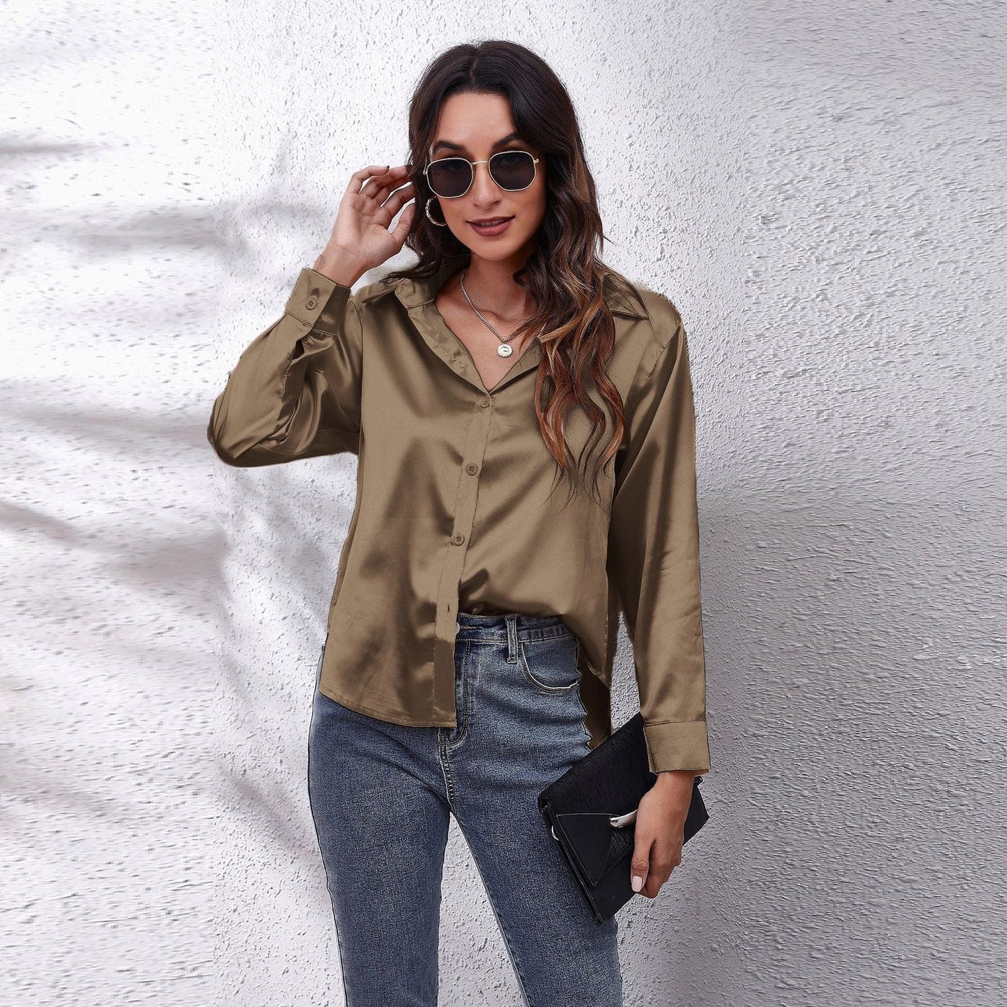 2 XL / Khaki Silk Women's Shirt Long Sleeve Fashion Woman Blouses 2023 Satin Top Female Shirts and Blouse Basic Ladies Tops OL Women Clothing