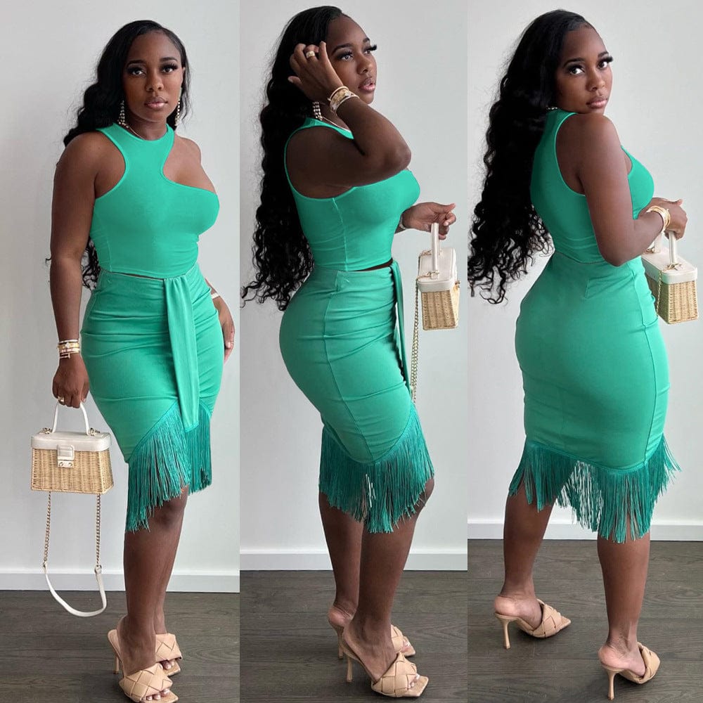 2 XL / light green set Fashion Skirt Two Piece Set Round Neck Irregular Tank Top Tassel Skirt Short Outfit Women 2 Piece Set Clothing