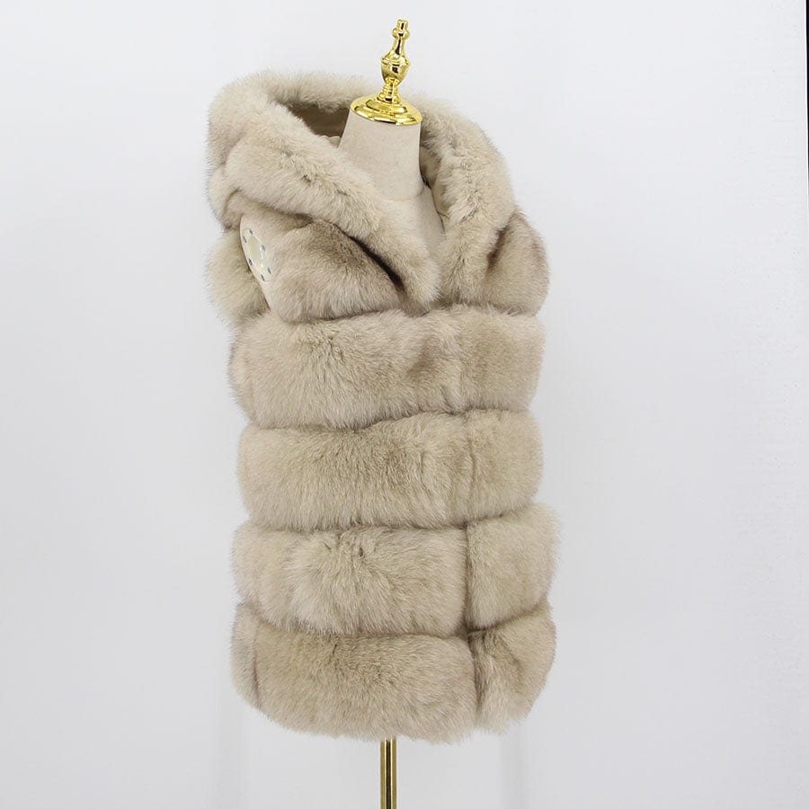 2 XL / nude QIUCHEN new women winter fur coat dyed vest with big hood genuine natural fur fox vest QC8062