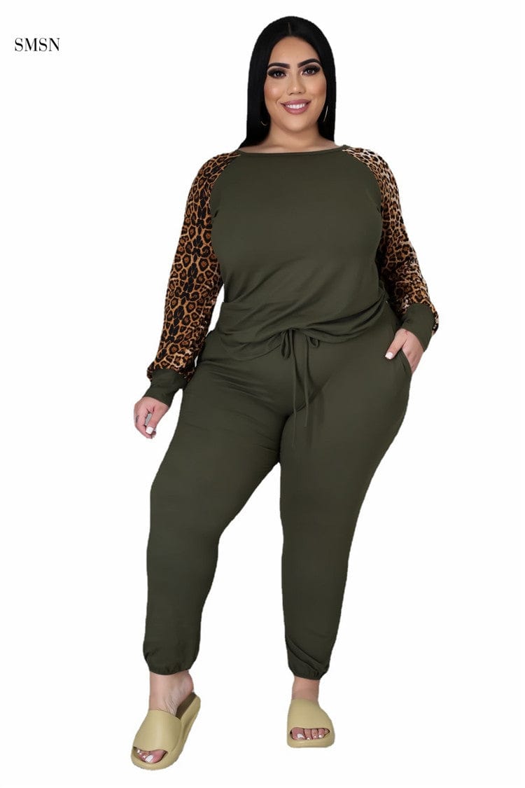 2 XL / Olive SMSN OSINA Good Quality Autumn Leopard Print Long Sleeve Women Pants Set Lounge Wear Plus Size Women Clothing Two Piece Set