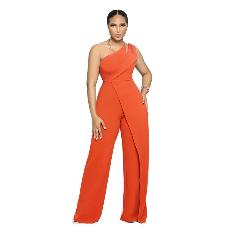 2 XL / Orange New women's clothing Sexy sleeveless one shoulder suspender High waisted commuter straight loose ladies one piece jumpsuits