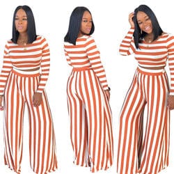 2 XL / Orange S3845 Fashion long sleeve stripe printing halter wide leg pants latest fashion woman casual two piece set