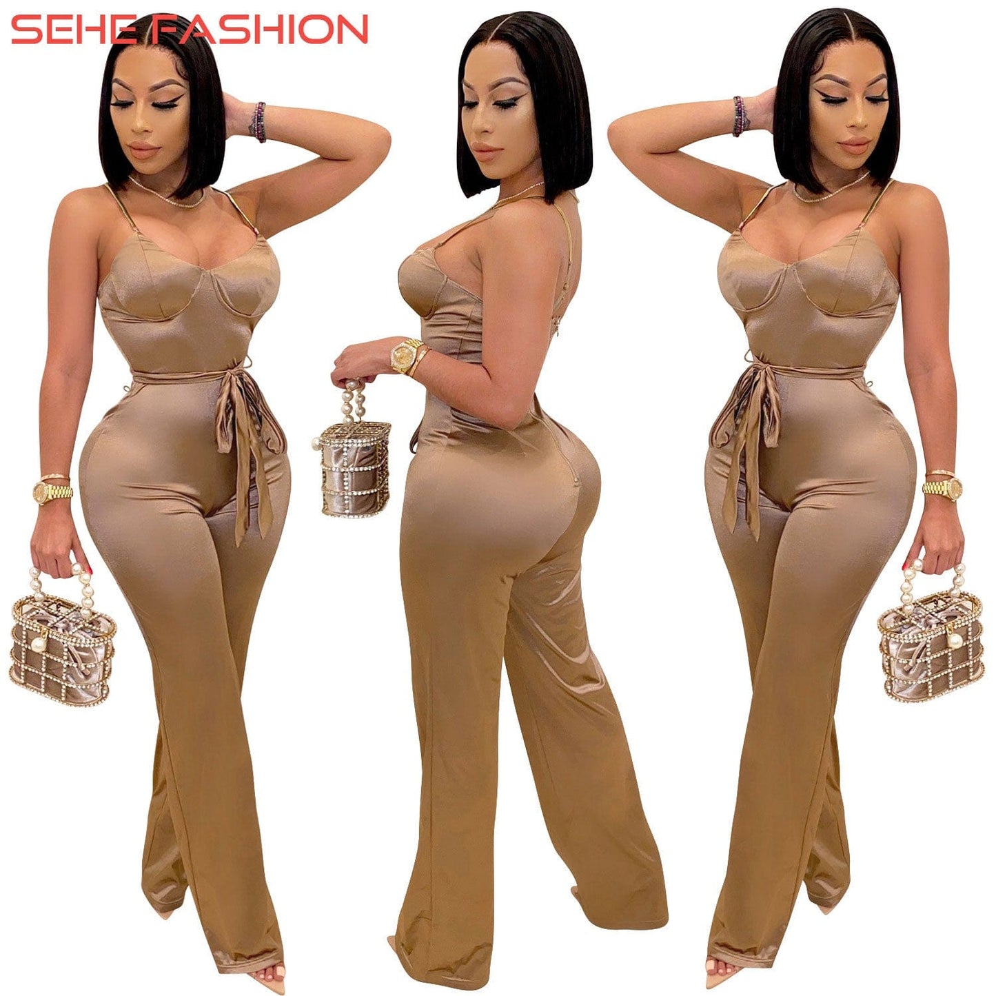 2 XL / pic 2 21009-MX69 Halter Onesie Straight Pants Women Sexy Jumpsuit With Belt