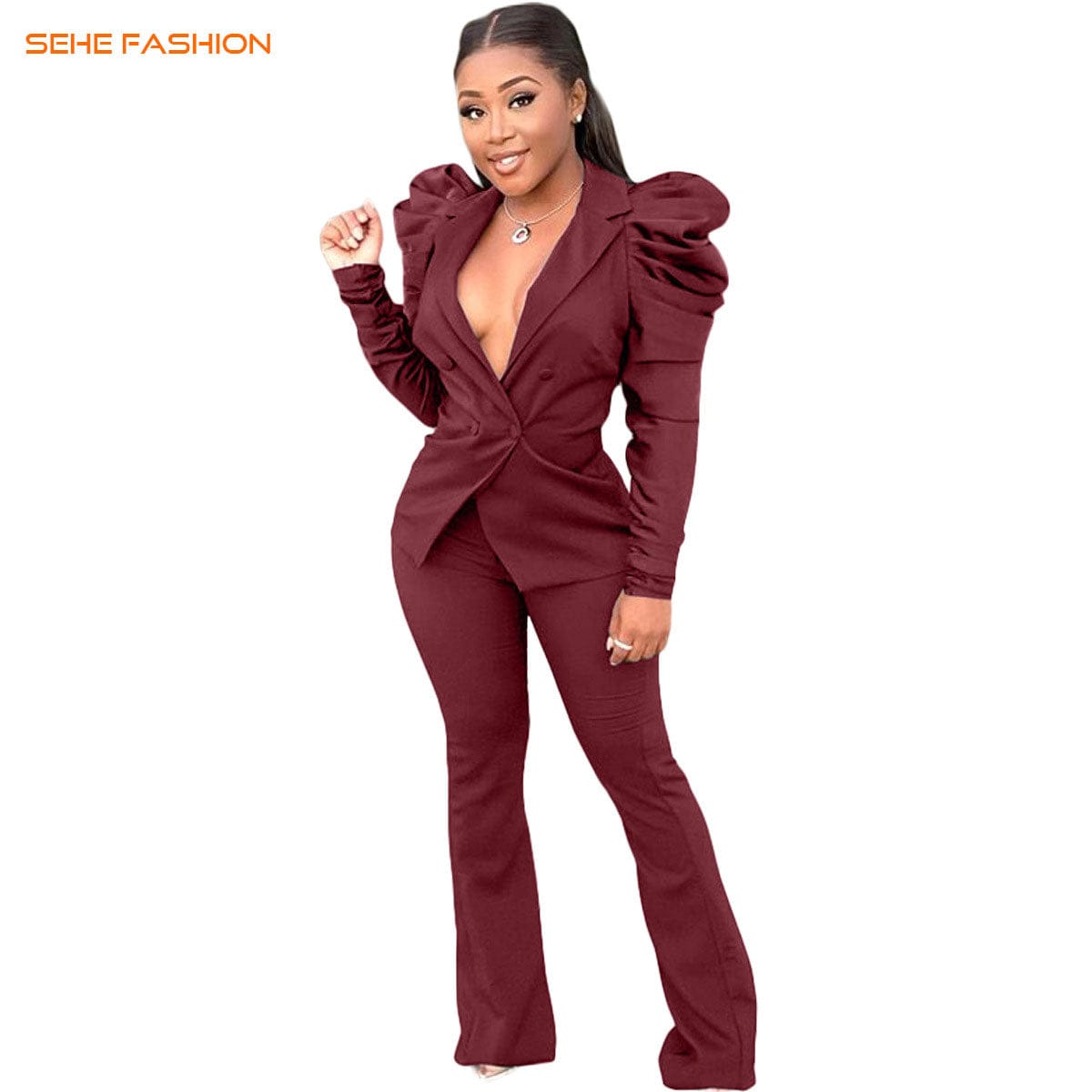 2 XL / pic1 21020-MX41 bubble sleeve formal suit women sets two piece sehe fashion