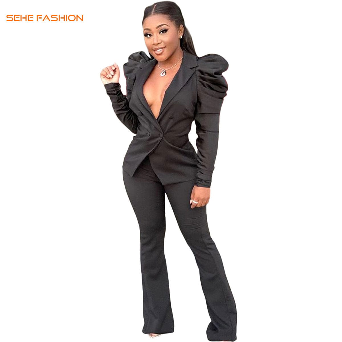 2 XL / pic2 21020-MX41 bubble sleeve formal suit women sets two piece sehe fashion