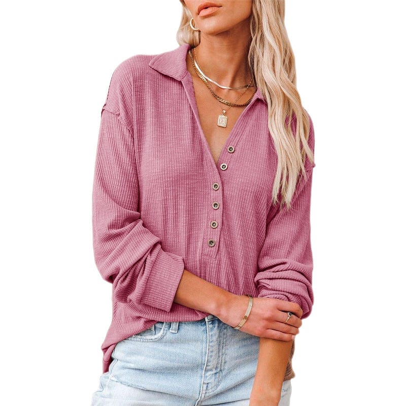 2 XL / Pink 10%OFF S-2XL European and American women's clothing autumn and winter new long-sleeved lapel V-neck shirt pit strip lapel top