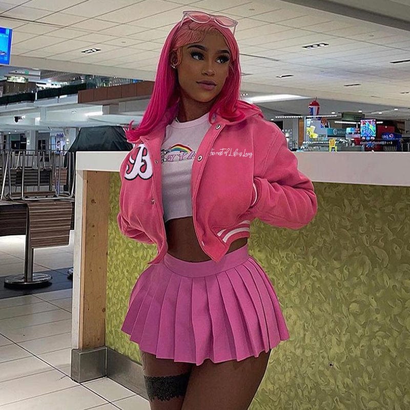 2 XL / Pink Fall Clothing 2022 Long Sleeve Letter Embroidery Baseball Uniform Coats Pocket Keep Warm Women Varsity Baseball Jacket