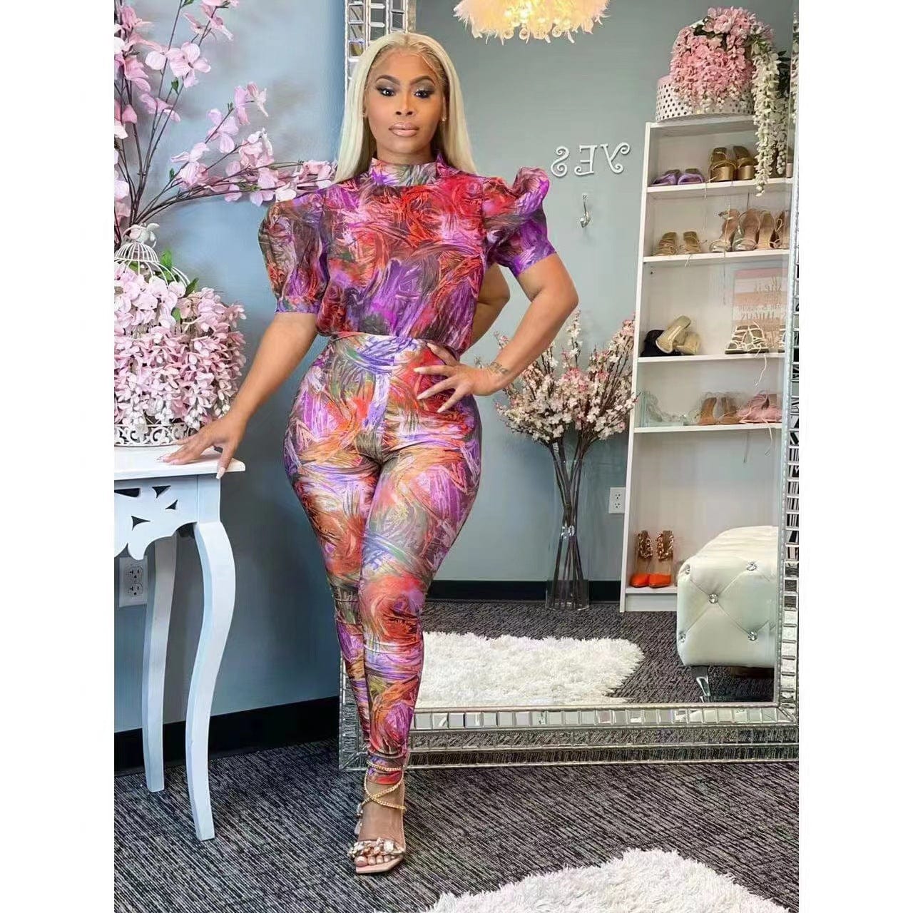 2 XL / Pink OUDINA Fashion Hot Sale New Casual Tight Short Sleeve Printed Puff Sleeve Jumpsuit Women