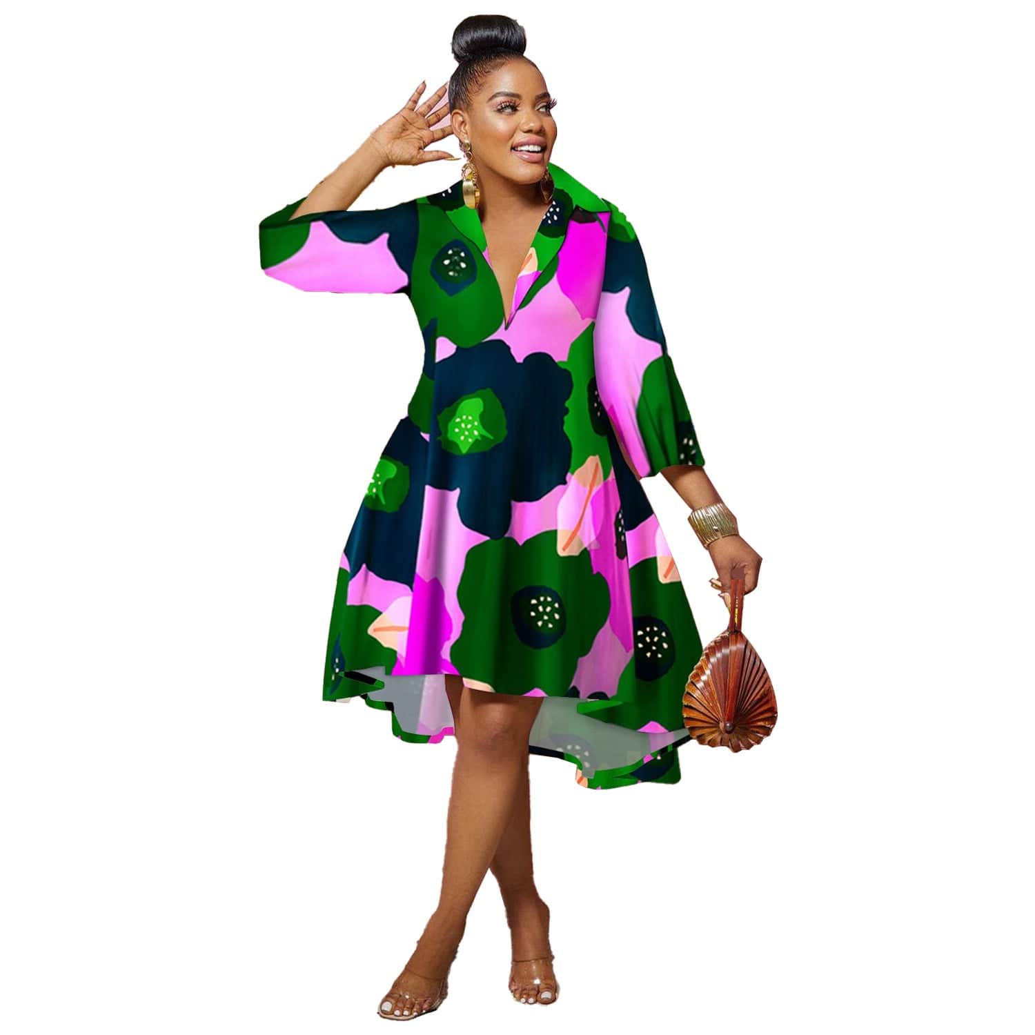 2 XL / Pink Plus Size 3/4 Sleeve Colourful Denim Leopard Camo Asymmetrical Silk Dress Women Ladies Elegant Loose Womens Knee Length Dresses