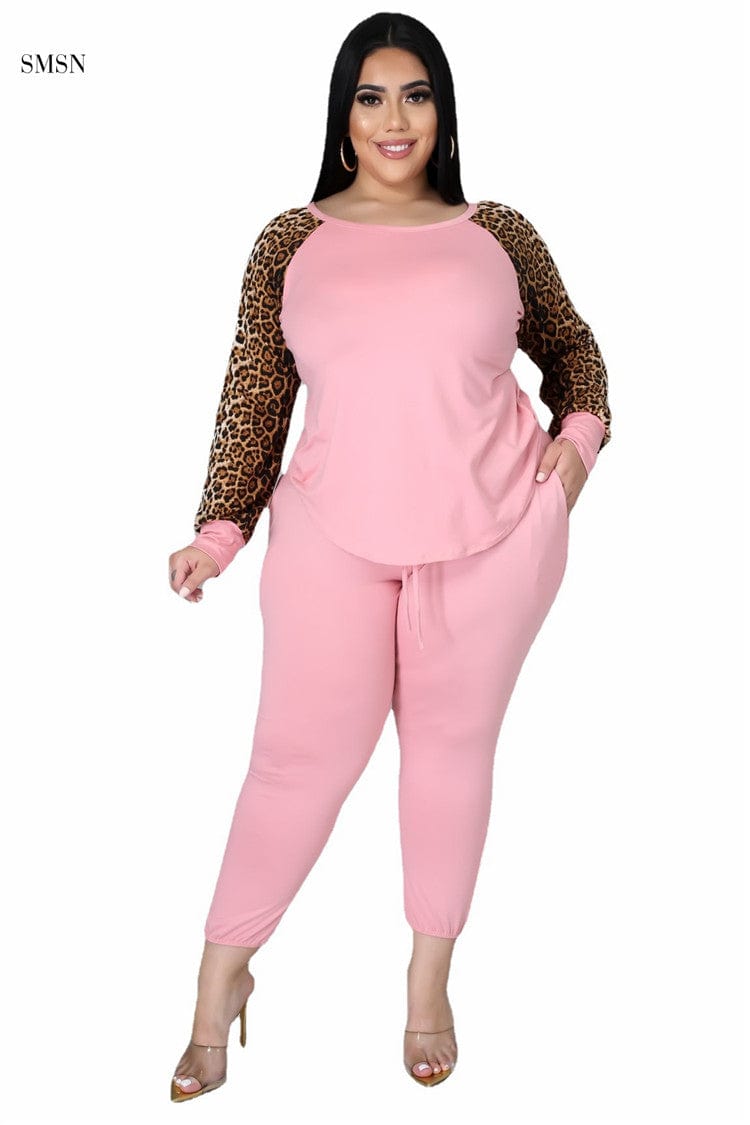 2 XL / Pink SMSN OSINA Good Quality Autumn Leopard Print Long Sleeve Women Pants Set Lounge Wear Plus Size Women Clothing Two Piece Set