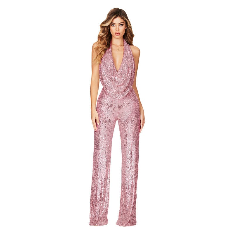 2 XL / Pink Spot summer casual sexy club party new ladies one piece jumpsuit women's sleeveless hanging neck sequin women jumpsuits