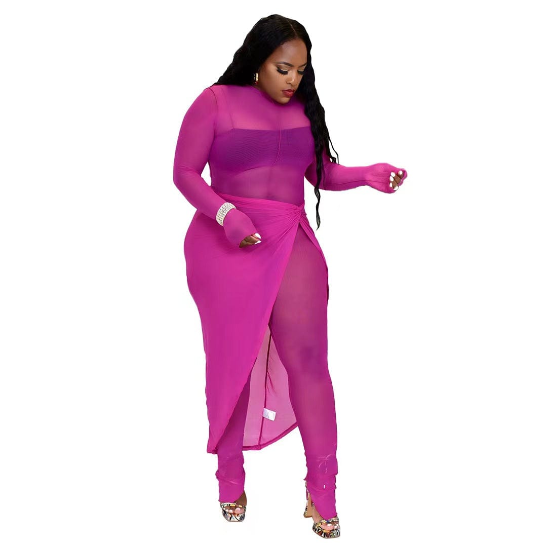 2 XL / Plum J&H 2023 new arrivals stretchy see through mesh sheer jumpsuits with cover up skirts sexy fall women clothes