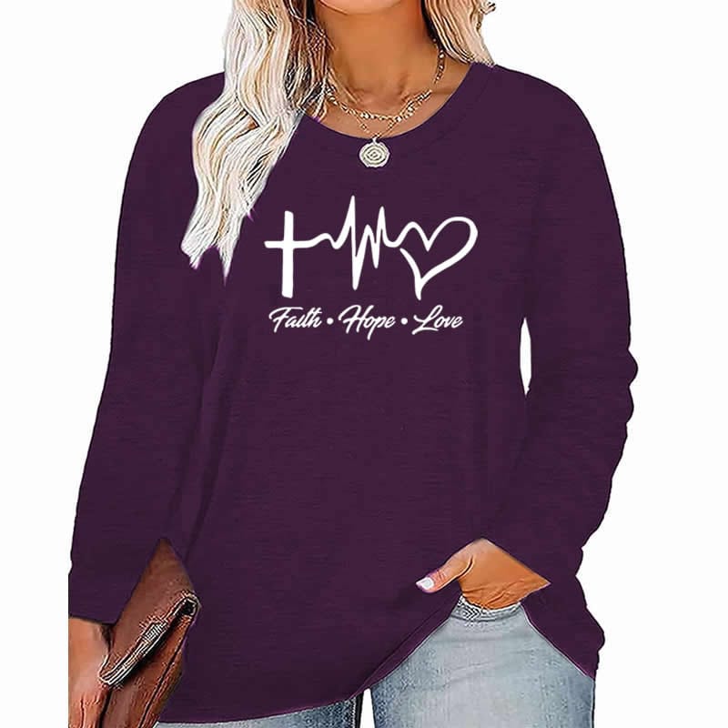 2 XL / Purple faith Hope Love pattern Plus Size Women's Top Autumn X-Large-5X-Large woman clothes y2k t shirt oversized long sleeve tshirt