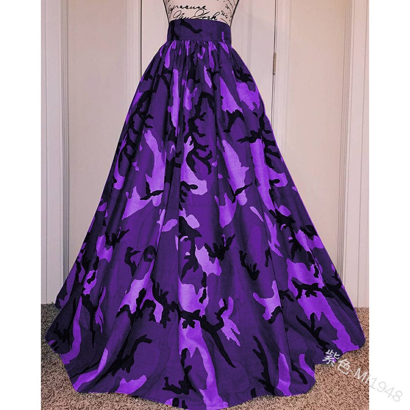 2 XL / Purple S to 4XL new style women's fashion casual printing camouflage A-line skirt mopping floor high waist long skirt