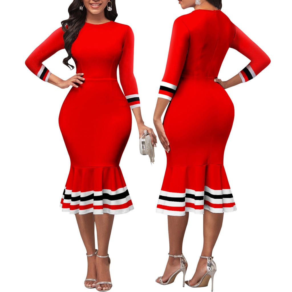 2 XL / Red C1103TA8 New Arrival Striped Print Ruffles Bodycon Office Dress Women Sehe Fashion