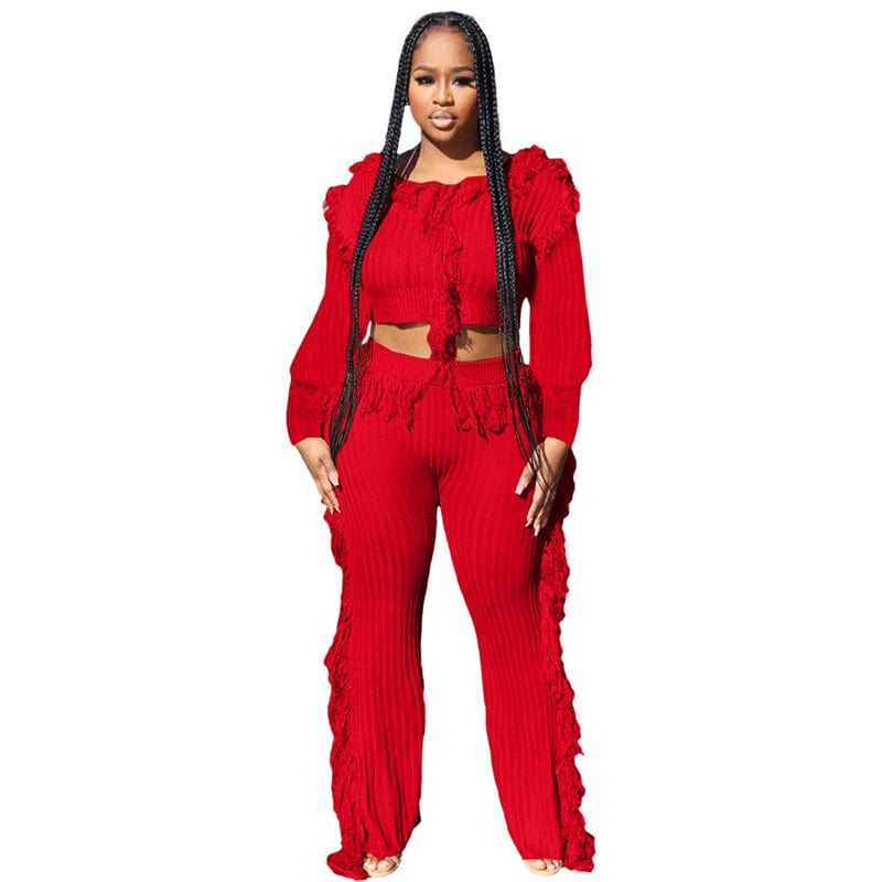 2 XL / Red high quality fall 2022 autumn ladies women knitted crew neck 2 piece fringe tassel cropped sweater and pants two piece set women