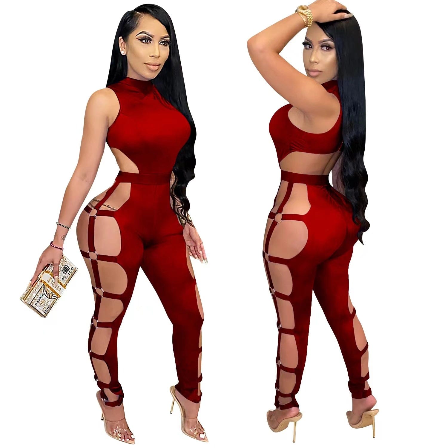 2 XL / Red OUDINA Fashion Nightclub Tight Sleeveless Sexy Hollowed Out Jumpsuits Backless Jumpsuit