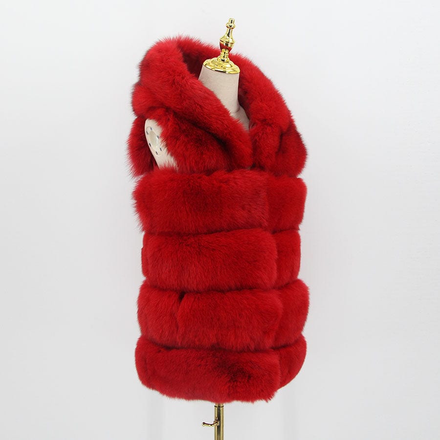 2 XL / Red QIUCHEN new women winter fur coat dyed vest with big hood genuine natural fur fox vest QC8062