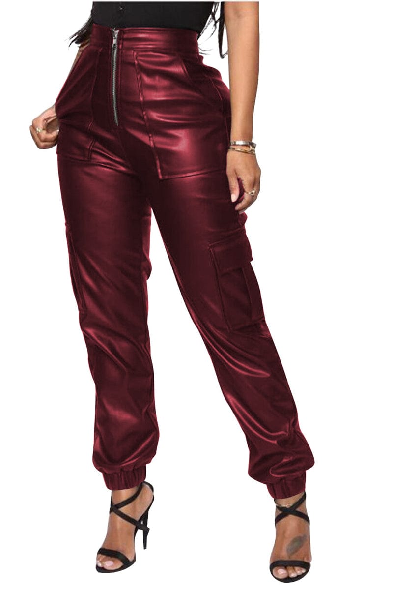 2 XL / Red wine wholesale fashion women's green black brown red real faux pu leather high waist cargo leather pants women with pocket for women