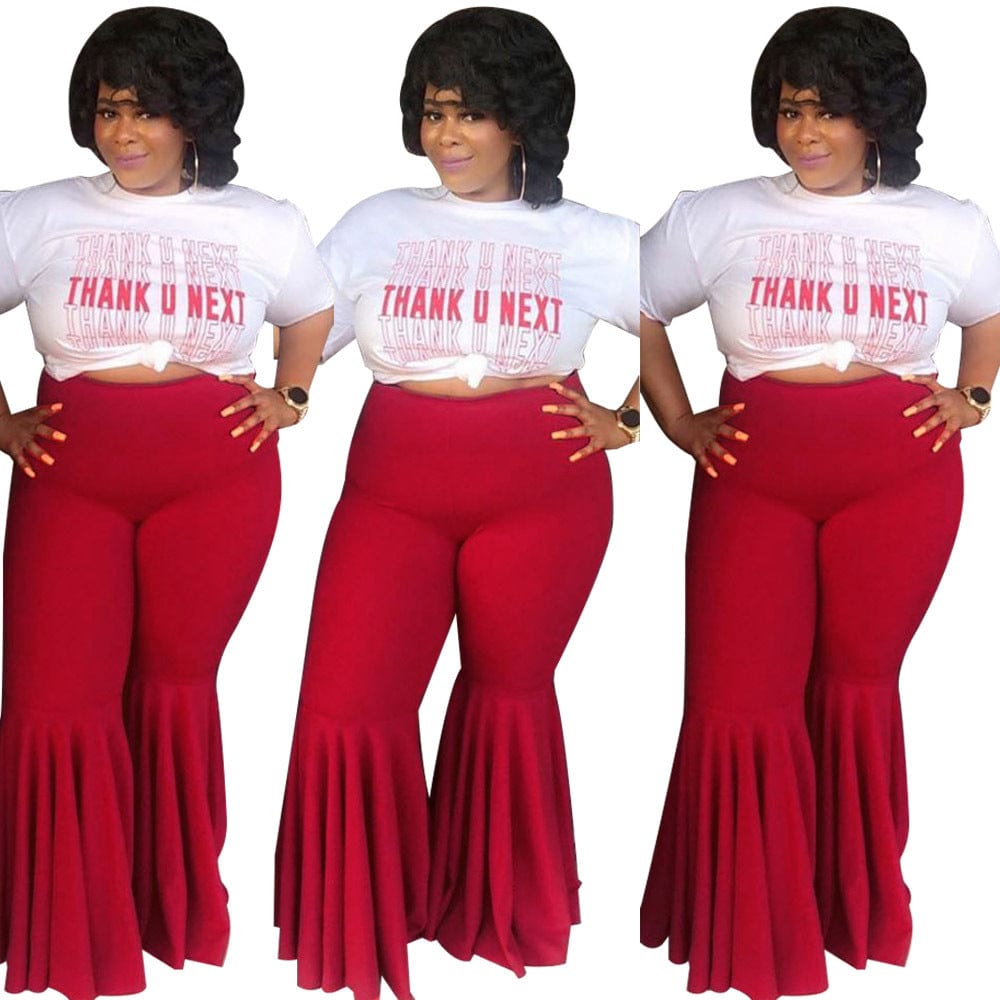 2 XL / Red WN501256 Winter casual High Waist Solid Stretch flares pants Women's plus size Ruffle pants & trousers