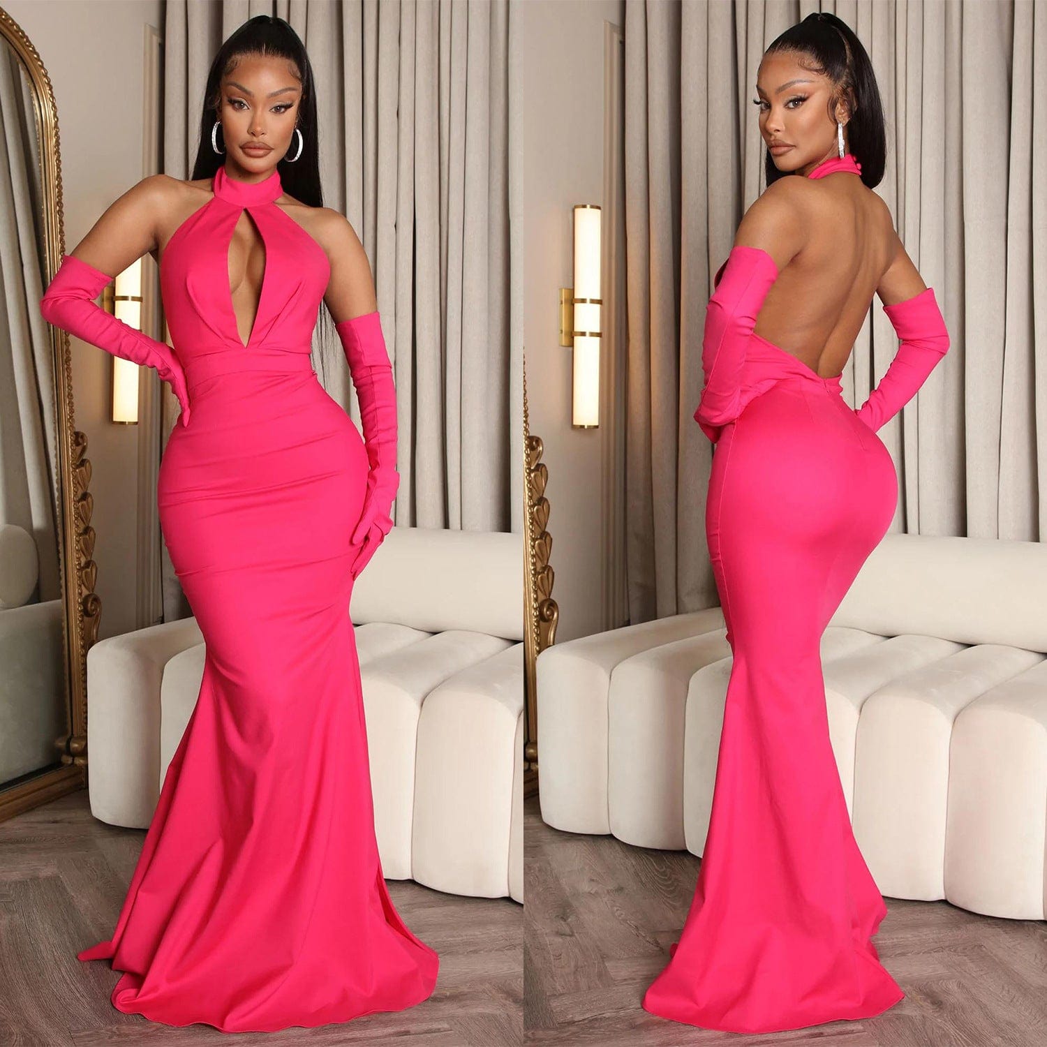 2 XL / Rose Red C1102TA52 High Quality Elegant Hollow Out Halter Backless Bodycon Evening Dress Women Sehe Fashion