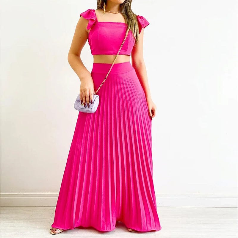 2 XL / rose red New Trendy Summer Skirt And Top Set For Women Short Tank Top High Waist Maxi Pleated Skirt Set Women 2 Piece Outfits