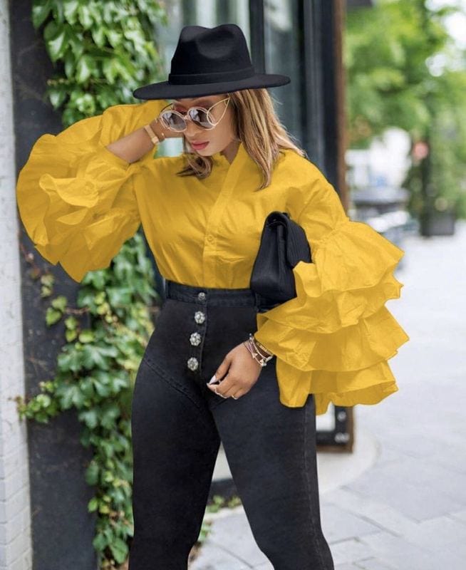 2 XL / Yellow 2022 fashion top blouse women street style long sleeve clothes new model lotus leaf sleeve stand-up collar shirts with buttons