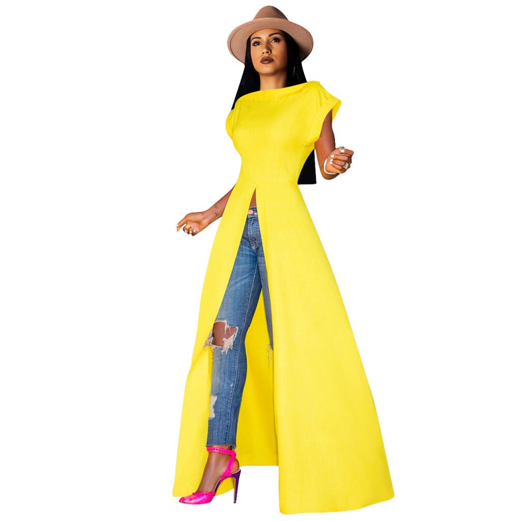 2 XL / Yellow Autumn and winter high collar Short-sleeved round neck long Slit pullover women  coat