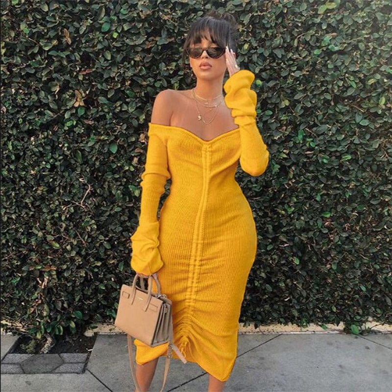 2 XL / Yellow Casual ladies Dress 2022 Autumn Women clothing Office Dress For Women Formal High Quality Elegant Long Sleeve Midi Dresses