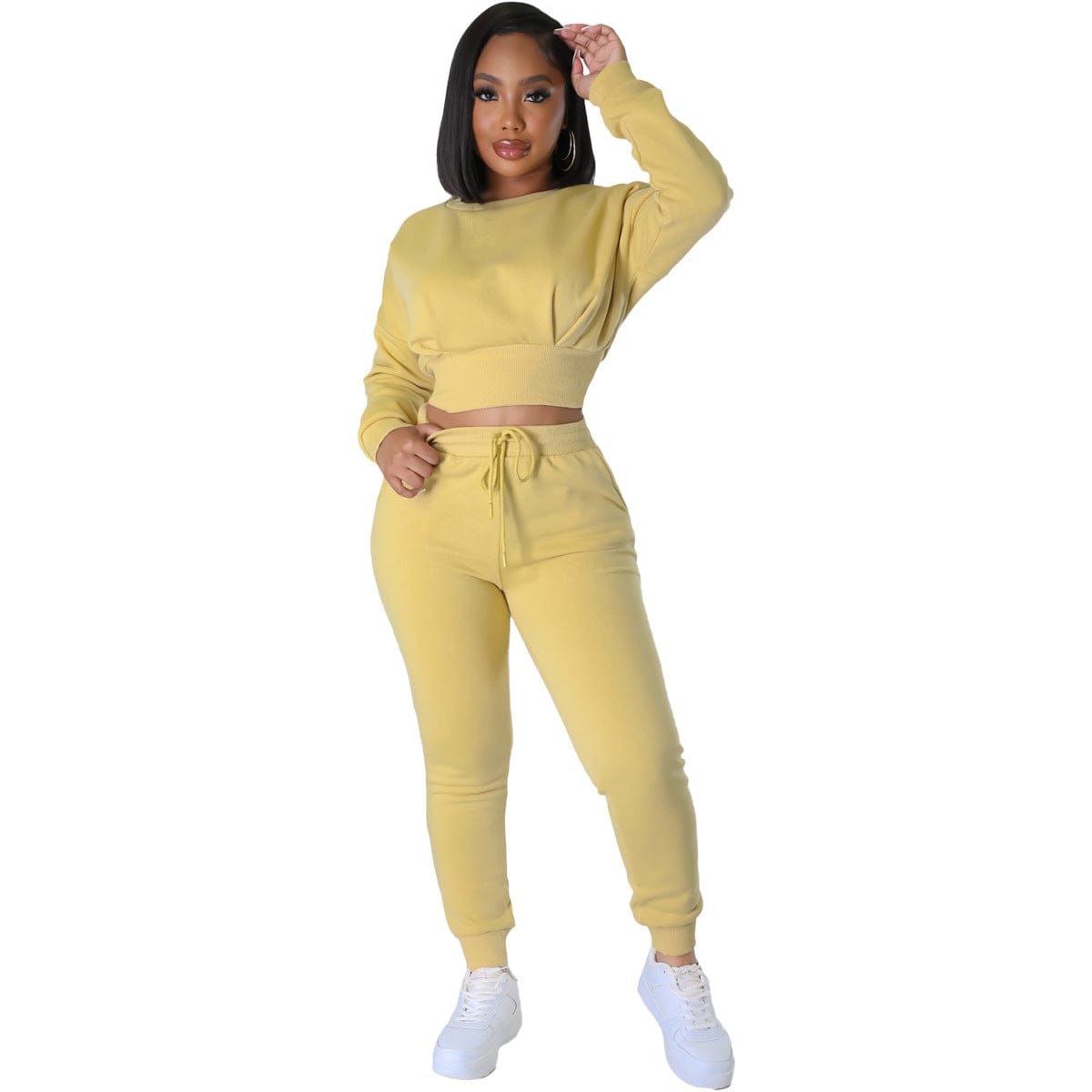 2 XL / Yellow Crop Sweatshirt Sweatsuit Women New Stylish Sweatshirt And Jogging Sweatsuit Thick 2 Piece Set Tracksuits For Women