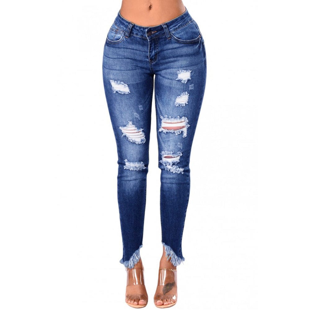 2 XL / YP-9051 2022 Hot Selling Fashion Women's Irregular Tassel High Waist Skinny Ripped Jeans Sexy Trousers Distressed Ripped Jeans Women