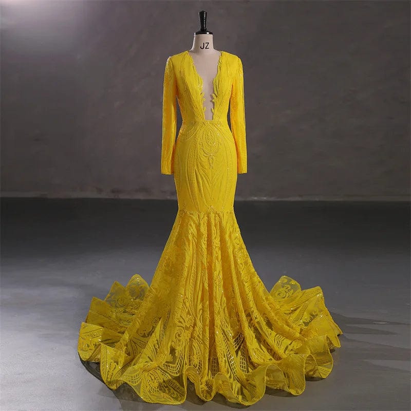 2 / YDL015 Yellow Ocstrade Sparkly Sequin Mermaid Black Girl Royal Blue Prom Dresses Long Sleeve Sheer Plunging Neck Evening Ball Gown Prom Dress