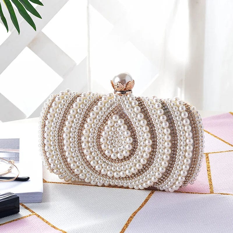 20*13*6cm / Golden Newest Pearls Clutch Bag Women Wedding White Crystal Party Prom Evening Bag Rhinestone water drop Pattern banquet Handbag