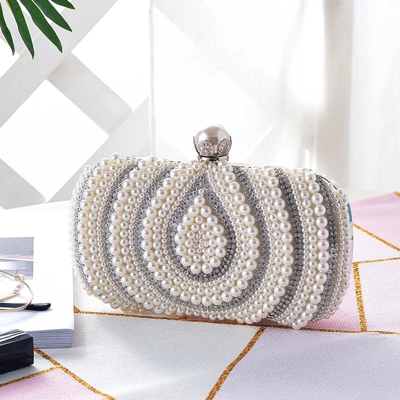 20*13*6cm / silver Newest Pearls Clutch Bag Women Wedding White Crystal Party Prom Evening Bag Rhinestone water drop Pattern banquet Handbag