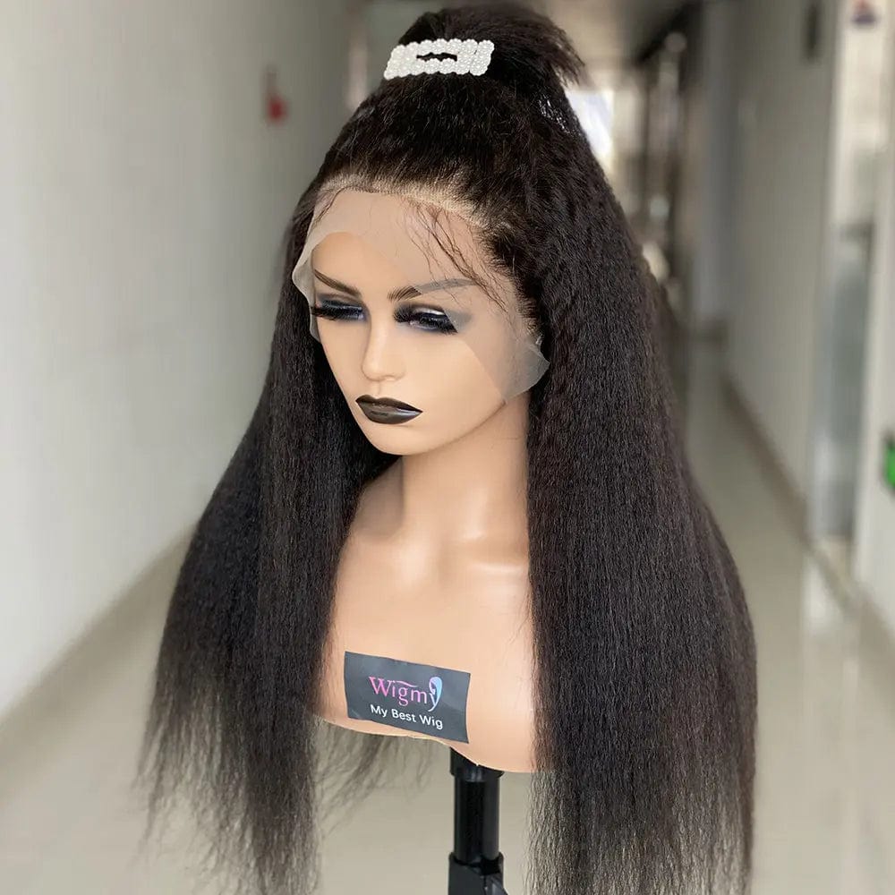 20 Inches / Black Lace Front Wig Yaki Human Hair Wig Brazilian Kinky Straight Lace Front Wig For Women Pre plucked  13*4