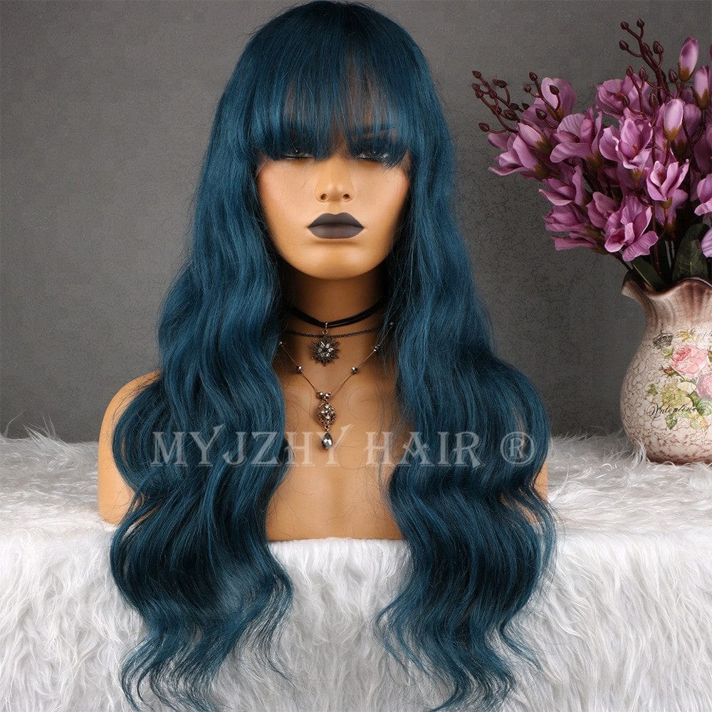 20 Inches / Dark bule 1 Wigs Factory Dark Blue Natural Wave Peruvian Lace Front Wigs Cuticle aligned Hair Human Wig With Bang