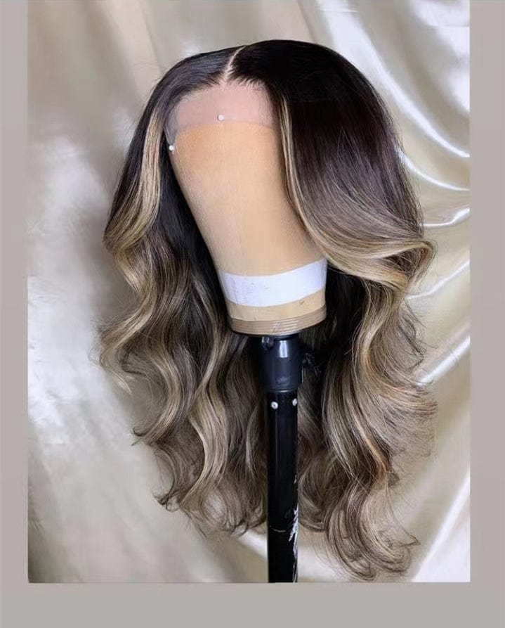 20 Inches / wig 2 Beautiful Highlight Blonde With Dark Brown Ocean Wave 100 Virgin Human Hair Invisible Lace Front Wigs