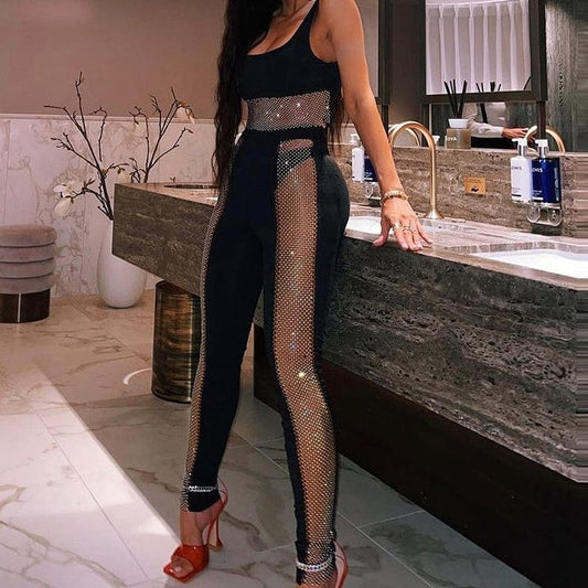 2022 Custom Logo Sexy Backless Mini Vest And Long Pants Hollow Out Spliced Irregular Two Pieces Solid Perspective Design Sets