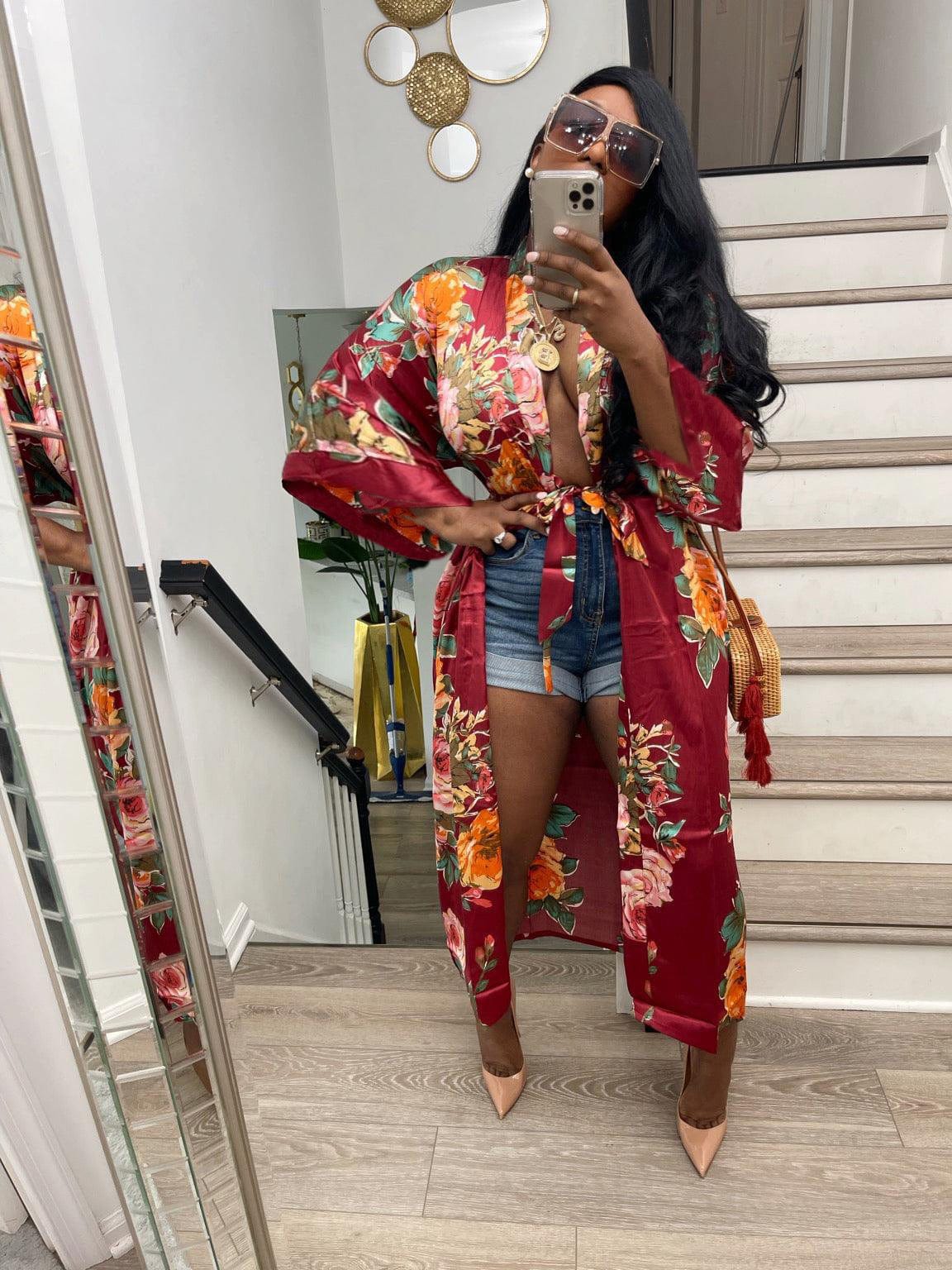 2022 Fall Imitated Silk Fabric Casual Long Cardigan With Belt African Clothing Amazon Hot Women's Floral Print Kimono Cardigan