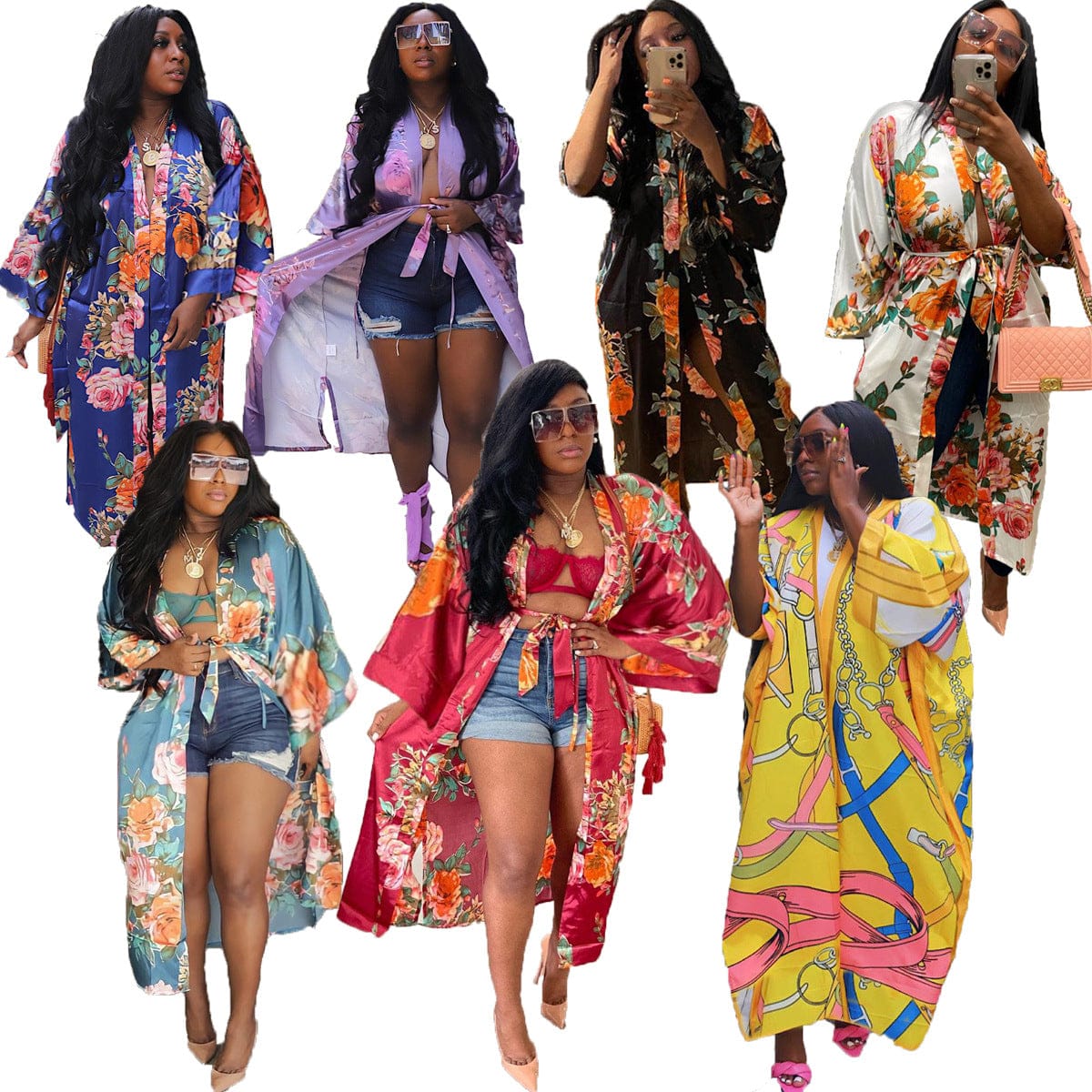 2022 Fall Imitated Silk Fabric Casual Long Cardigan With Belt African Clothing Amazon Hot Women's Floral Print Kimono Cardigan