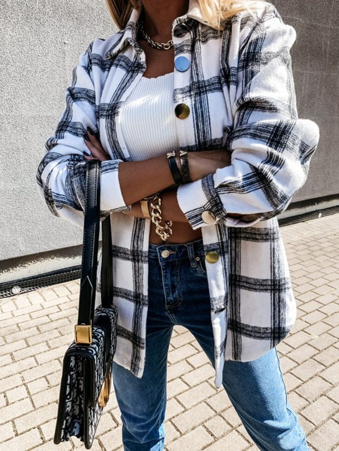 2022 Fashion Autumn Plaid Full Sleeves Casual Jacket Plus Size Medium Long Loose Coat Breasted Button Design Women Clothing