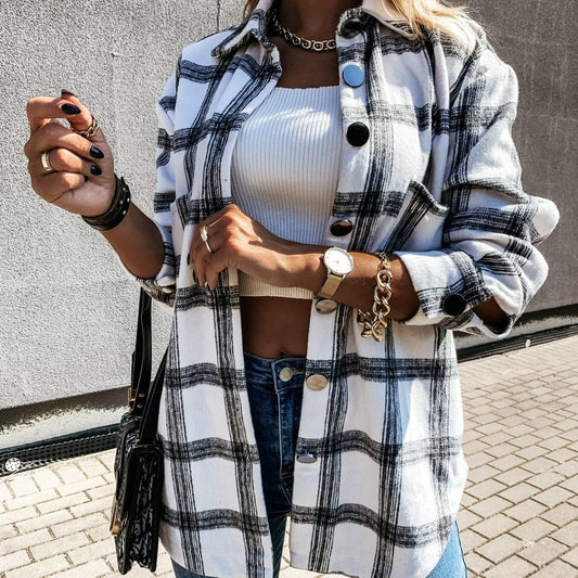 2022 Fashion Autumn Plaid Full Sleeves Casual Jacket Plus Size Medium Long Loose Coat Breasted Button Design Women Clothing