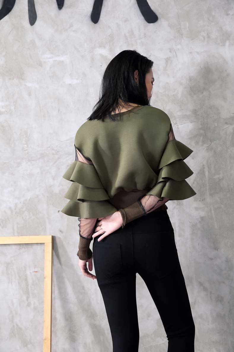 2022 Fashion New Women Hoodie Black ArmyGreen Sweater Jacket Irregular Hollow Out Ruffles Hoodie Tops