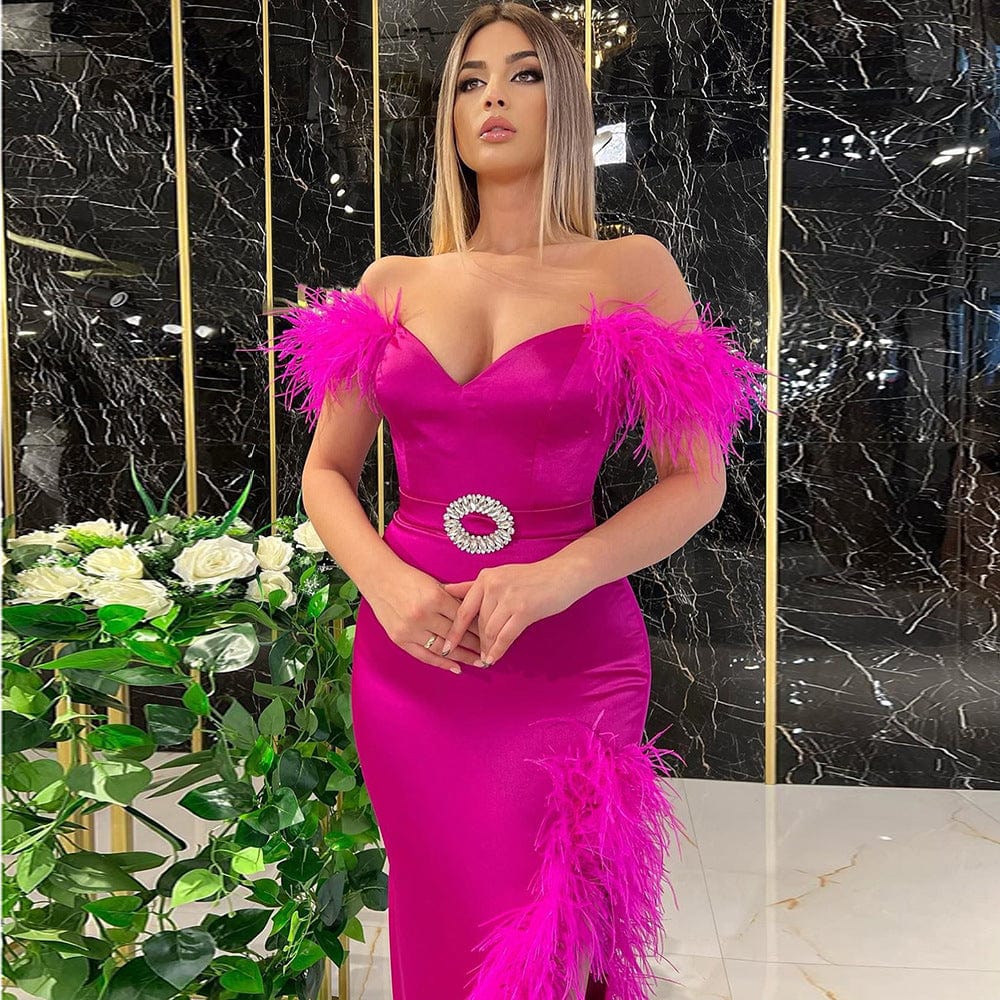 2022 featherNovance Hot Selling Summer Clothes Rose Red V Neck Celebrity Feather Bodycon Dress Diamond Long Dresses Cut Out High