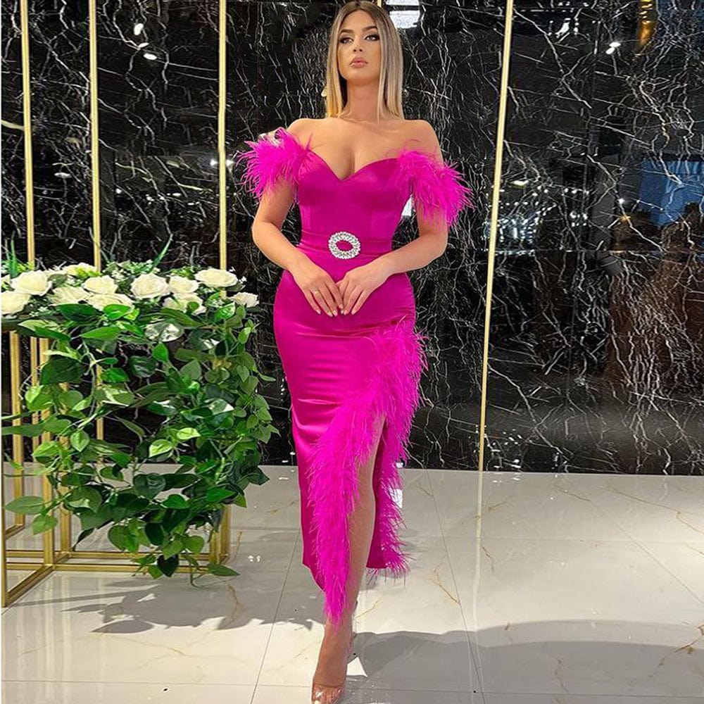 2022 featherNovance Hot Selling Summer Clothes Rose Red V Neck Celebrity Feather Bodycon Dress Diamond Long Dresses Cut Out High