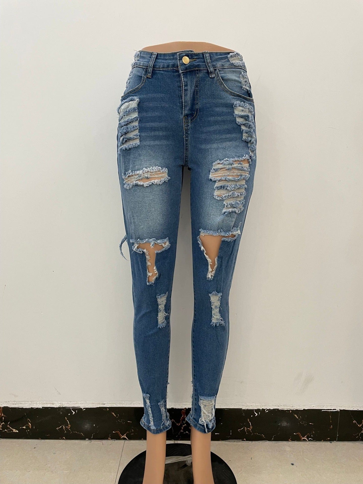 2022 Jeans Ripped Softener Ladies Mid Waist Denim Jeans Stretch Ripped Legging Skinny Female Jeans Trouser